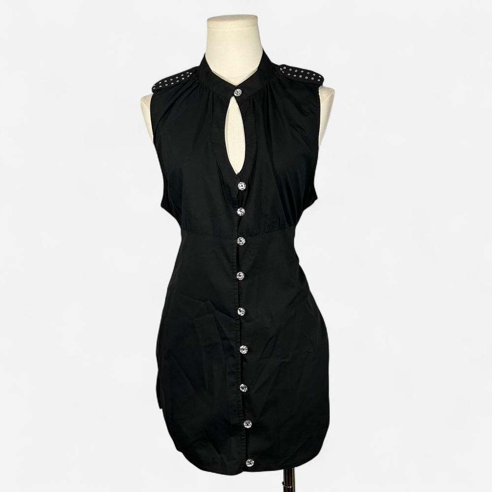 Y2K Beyoncé House of Dereon Black Mini Bodycon Dress Rhinestones Mcbling Women M